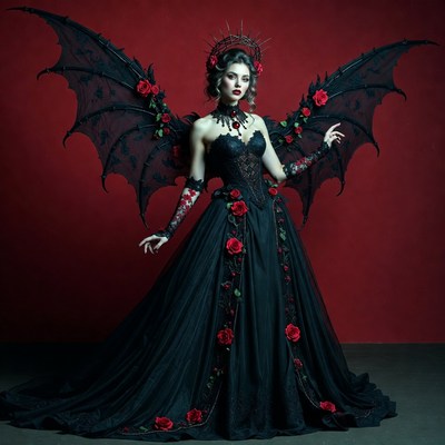 Woman with bat wings in black gown