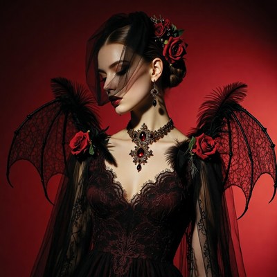 Woman in Black Bat Wing Gothic Dress