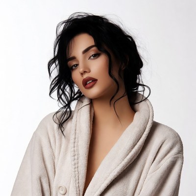 Woman in white bathrobe closeup