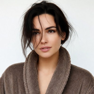 Woman in brown bathrobe portrait