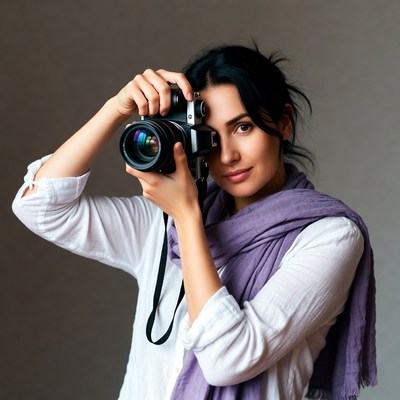 Woman holding vintage camera