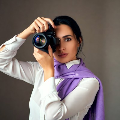 Woman holding camera to eye
