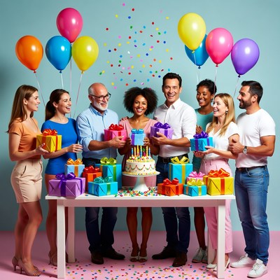 Diverse group celebrating birthday with cake