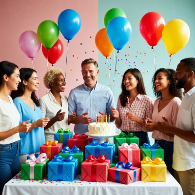 Diverse group celebrating man's birthday