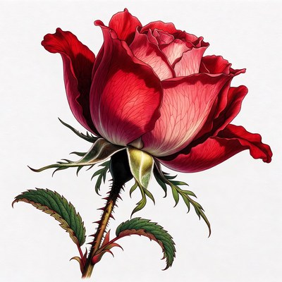 Red Rose with Stem and Leaves