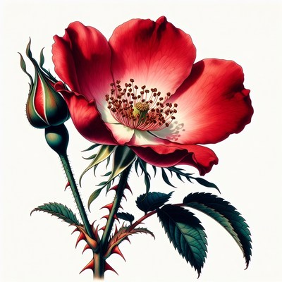 Red Rose with Bud and Leaves