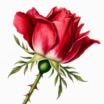 Red Rose with Stem and Thorns