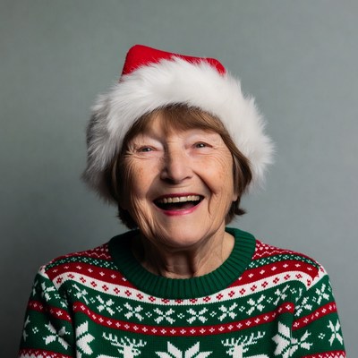 Elderly woman smiling in Santa hat