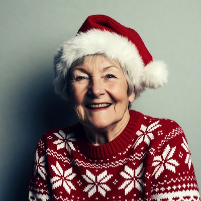 Elderly woman wearing Santa hat