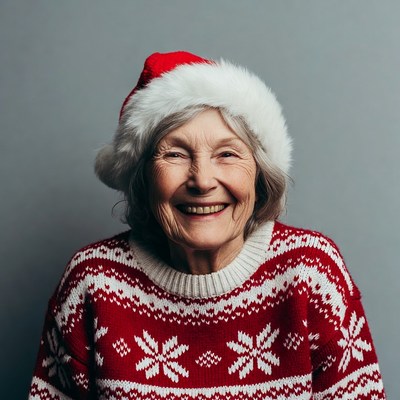 Elderly woman wearing Santa hat