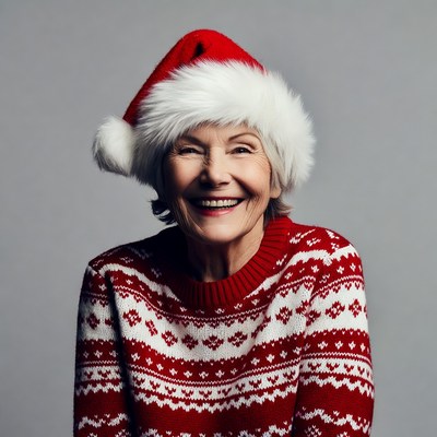 Elderly woman wearing Santa hat