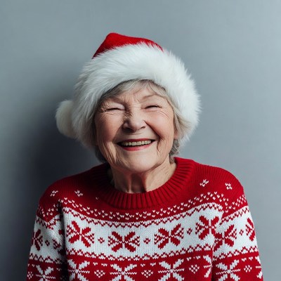 Elderly woman smiling in Santa hat