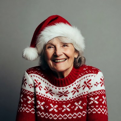 Elderly woman smiling in Santa hat