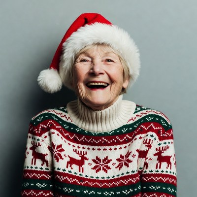Elderly woman in Santa hat laughing
