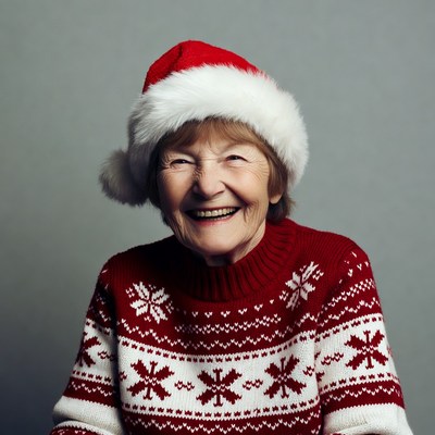 Elderly woman wearing Santa hat