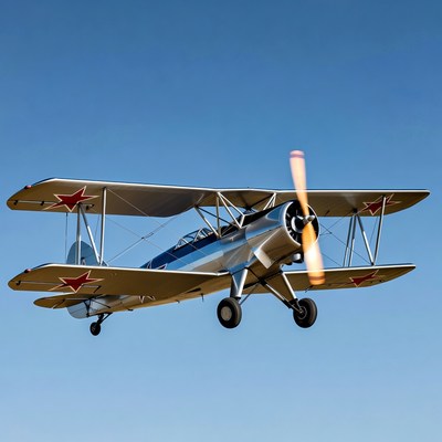 Soviet Biplane Flying in Blue Sky