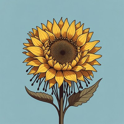 Illustrated Sunflower on Blue Background