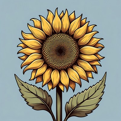 Illustrated Sunflower on Blue Background