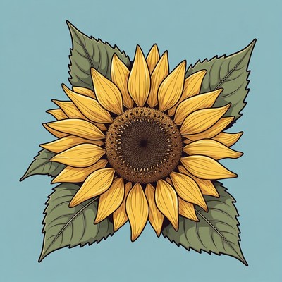 Illustrated Sunflower with Leaves