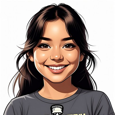 Smiling Asian girl in Frankenstein t-shirt