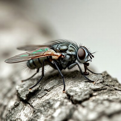 Closeup of green-eyed fly on rock