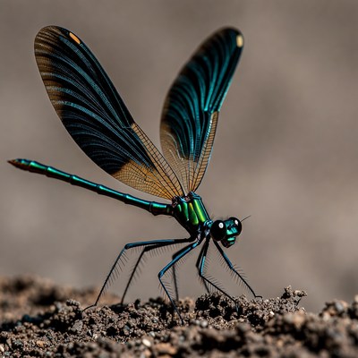 Green and Blue Dragonfly on Sand