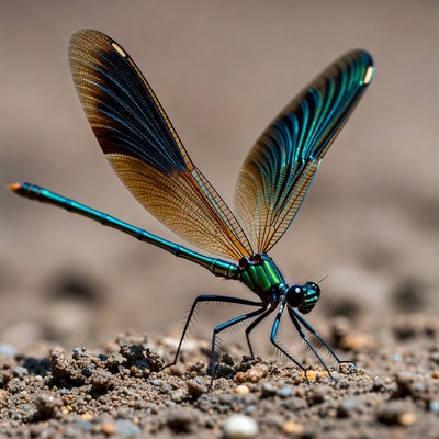 Green and Blue Dragonfly on Sand