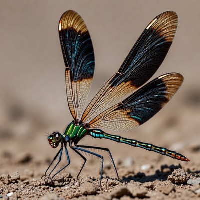 Colorful Dragonfly on Sandy Ground