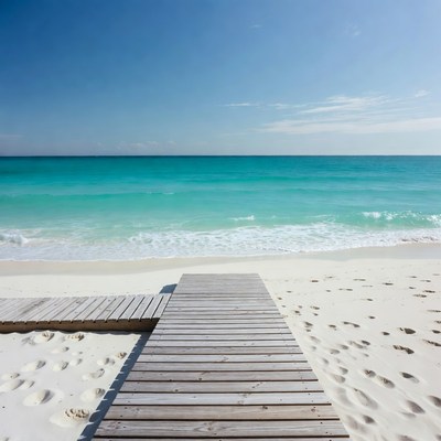 Wooden pier on white sand beach