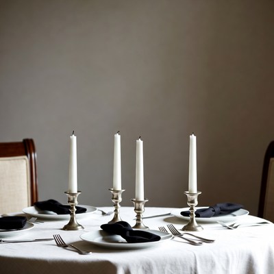 Four White Candles on Dinner Table