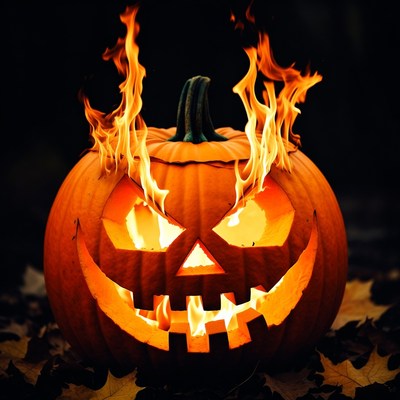 Fiery Jack-o-Lantern on Autumn Leaves