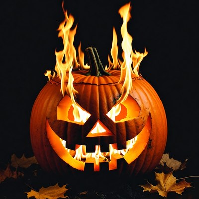 Flaming Jack-o'-lantern on Leaves