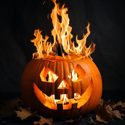 Lit Jack-o'-lantern pumpkin with flames