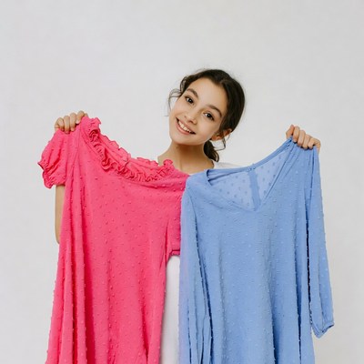 Girl holding pink and blue dresses