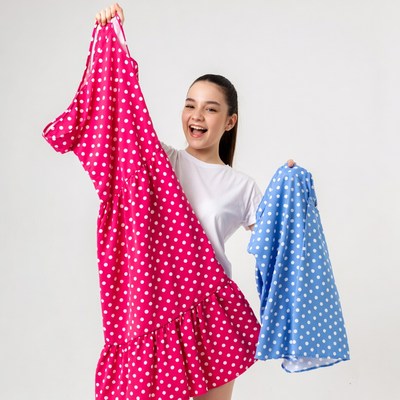 Asian girl holding pink and blue polka dot dresses