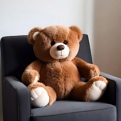 Brown teddy bear sitting in chair