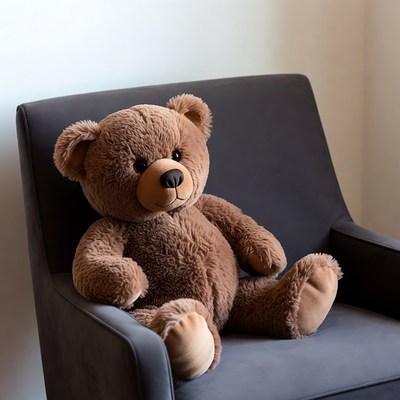 Brown teddy bear on gray chair