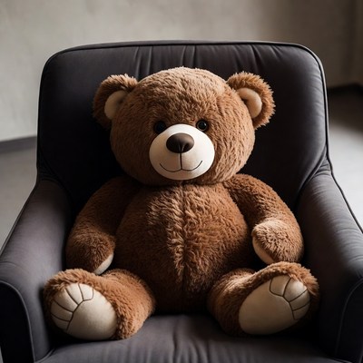 Brown teddy bear sitting in armchair