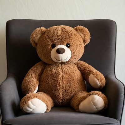 Brown teddy bear on gray armchair