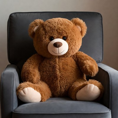 Brown teddy bear sitting in gray chair