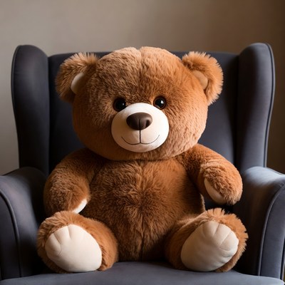 Brown teddy bear sitting in armchair