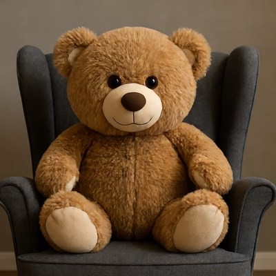 Large teddy bear sitting in armchair