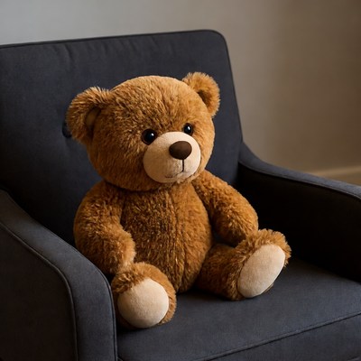 Brown teddy bear sitting in chair