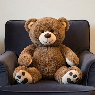 Brown teddy bear sitting in chair