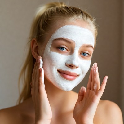 Woman applying white face mask