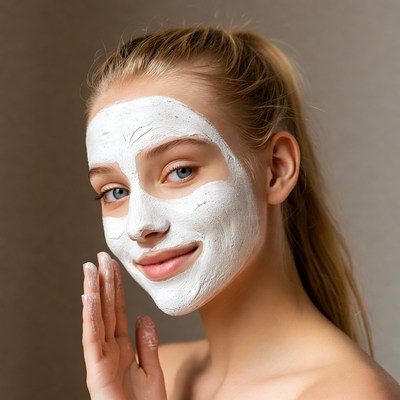 Woman applying white face mask