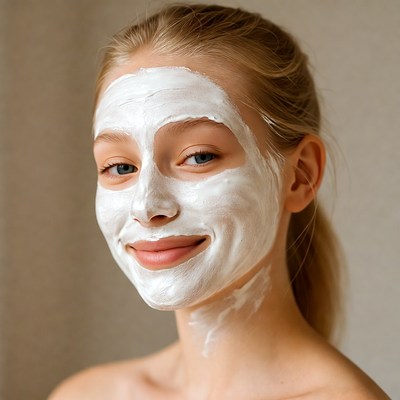 Woman with white face mask smiling