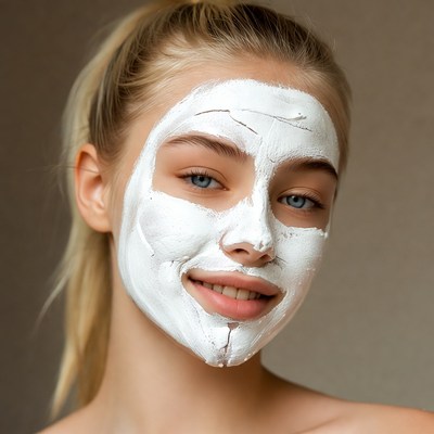Woman with white face mask smiling