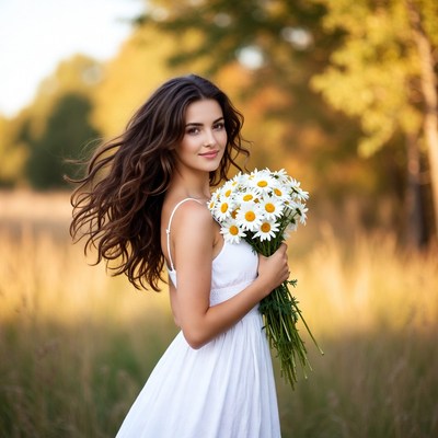 Woman holding daisies in autumn field