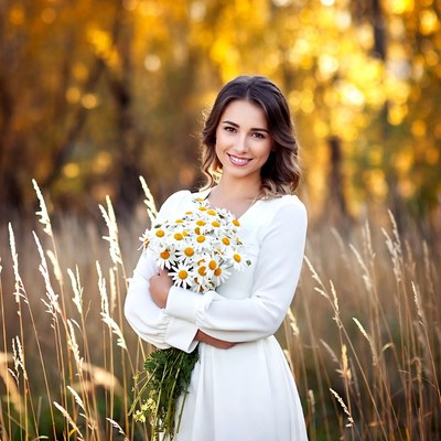 Woman holding daisies in autumn field